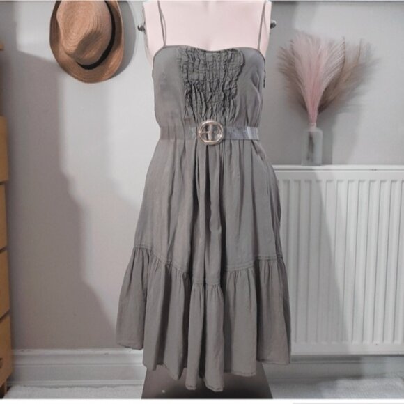 Gap Vintage Sandy Taupe Drop Waist Pleated Strappy Midi Dress - Picture 1 of 16